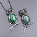 Vintage owl pendant with green natural stone and intricate silver alloy texture - Ruby Zoisite