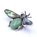 Green aventurine and abalone shell bee brooch with vintage silver metal finish - Green Aventurine