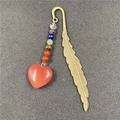 Antique brass feather bookmark with 7 chakra beads and red heart stone pendant - Watermelon red