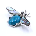 Bee brooch featuring blue agate stone and iridescent abalone shell wings detail - Blue Agate
