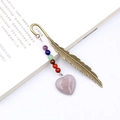 Vintage bronze feather bookmark with colorful stone beads and purple heart pendant - Grey Agate