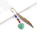 Antique bronze feather bookmark with seven chakra beads and green heart stone pendant - Green Aventurine
