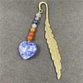 Vintage metal feather bookmark with seven chakra beads and heart stone pendant - Blue Spot Jasper