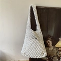 Handmade white woven tote bag with crochet texture and inner lining in a bohemian style - Beige White (With Inner Bag)