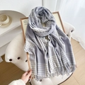Classic British grey and white plaid scarf with fringe, soft thick winter wrap - 180cmx66cm / Blue