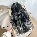 Classic black and white checkered scarf with tassels for winter warmth and vintage style - 180cmx66cm / Black