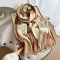 Plaid winter scarf with brown and beige checkers and fringe tassels on a soft knit fabric - Caramel color