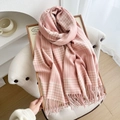 Pink and white checkered vintage wool scarf with fringes, warm winter accessory - 180cmx66cm / Pink