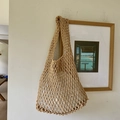 Handwoven tote bag in natural khaki mesh cotton rope with hollow-out knit design - Khaki (with inner bag)