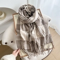 Beige and brown checkered vintage winter scarf with fringe details and soft texture - 180cmx66cm / Beige