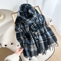 Classic blue, black, and brown plaid scarf with long tassels and soft knit texture - Navy Blue