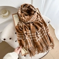 Classic brown and white plaid tassel scarf in soft cashmere-like warm fabric for autumn - Caramel color
