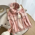 Pink checkered winter scarf with tassels, thick faux cashmere shawl for women - Pink