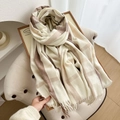 Bufanda de cuadros con flecos en beige y marrón, suave chal de imitación cachemira - Blanco Café