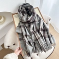 Classic checkered winter scarf in grey and brown tones with fringe details - Light Blue