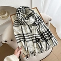 Classic black and white checkered scarf with soft fringe trim for autumn and winter - White