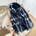 Thick plaid scarf in navy blue with fringe details and soft cashmere-like texture - Navy Blue