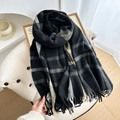 Thick autumn winter plaid scarf with fringe in black grey and brown patchwork pattern - Black