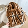 Classic British plaid cashmere-feel scarf with fringes in brown black white pattern - Brown