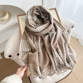 Classic houndstooth winter scarf with tassels in earthy brown and beige tones - 180cmx66cm / Khaki