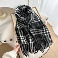 Classic black and white checkered scarf with thick fringe, warm autumn-winter neck wrap - Black