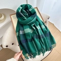 Thick green and blue plaid scarf with long tassels made of soft cashmere-like fabric - Malachite green