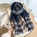 Écharpe à carreaux et franges bleu marine et marron, châle épais et chaud d'hiver - Bleu Marine