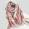 Rosa und grauer Karo-Schal mit Fransen, warmer dicker Pashmina-Schal für Damen - Rosa