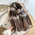 Plaid winter scarf in dark coffee and cream white featuring soft cashmere-like texture - Coffee