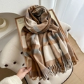 Thick plaid scarf in brown and beige colors with soft tassels for winter warmth - Caramel Plaid