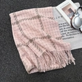 Pink and brown checkered cashmere-feel scarf with long tassels in a stylish flat lay - Light Pink