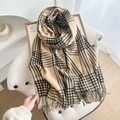 Classic beige and black plaid scarf with fringe detail on a vintage wooden frame - 180cmx66cm / Brown