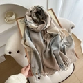 Thick beige and grey plaid scarf with fringes on a wooden display tray - Grey Blue Khaki
