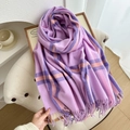 Lilac and purple plaid faux cashmere scarf with long tassels for winter warmth - Purple