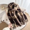 Classic thick plaid scarf in dark brown and beige with tassels for winter warmth - Dark Brown and Beige Blue Line Plaid (5#)