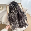 Classic dark brown and cream houndstooth scarf with tassels on a wooden display - 180cmx66cm / Dark Brown