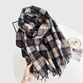 Classic checkered plaid scarf in coffee and beige tones with soft fringe detailing - Black Coffee