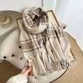 Thick beige plaid scarf with soft tassels and classic check pattern for winter - Light Khaki