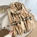 Classic khaki plaid cashmere-like scarf with fringe edges for autumn winter warmth - Khaki