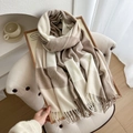Classic checkered plaid scarf in beige and brown with soft fringe tassels - Light Brown
