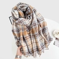 Plaid scarf in beige and caramel brown with tassels, soft cashmere-like winter wrap - Light Blue