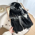Thick black plaid scarf with tassels, soft autumn winter warm pashmina shawl for women - Black