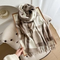 Brown and beige plaid pattern thick scarf with fringe tassels in an earth-tone color - Light Coffee Argyle