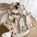 Classic beige and brown plaid scarf with long tassels in a cozy winter setting - Off-white Brown and Khaki Plaid (7#)
