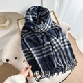 Winter plaid scarf in dark blue, white and brown with soft fringe tassel details - Navy Blue