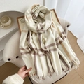 Plaid faux cashmere scarf in cream and brown with tassels for winter warmth - Beige Brown