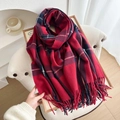 Red and navy blue plaid thick scarf with fringes displayed on a white chair - Red Blue and Navy Plaid (8#)