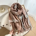 Thick mocha brown plaid scarf with light blue stripes and long decorative tassels - Brown