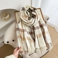 Thick cream plaid scarf with fringe detail and coffee brown cashmere-like texture - Beige Coffee