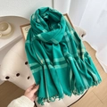 Lake green checkered cashmere-like pashmina shawl with classic fringe tassels - Malachite green